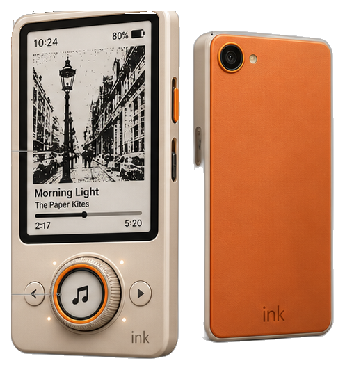 ink Pod Classic concept render: front with e-paper screen and rotary dial, and back with orange magnetic faceplate and camera