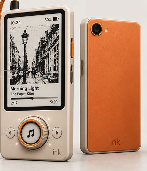 ink Pocket Classic concept render: front with e-paper screen and rotary dial, and back with orange magnetic faceplate and camera
