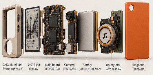 Exploded view: frame, e-paper display, main board, camera, battery, rotary dial and magnetic faceplate