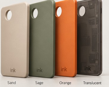 Four magnetic rear faceplates in sand, sage, orange and translucent smoke