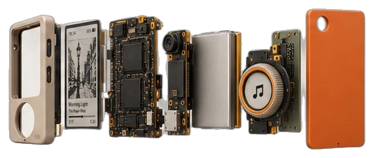 Exploded view: frame, e-paper display, main board, camera, battery, rotary dial and magnetic faceplate